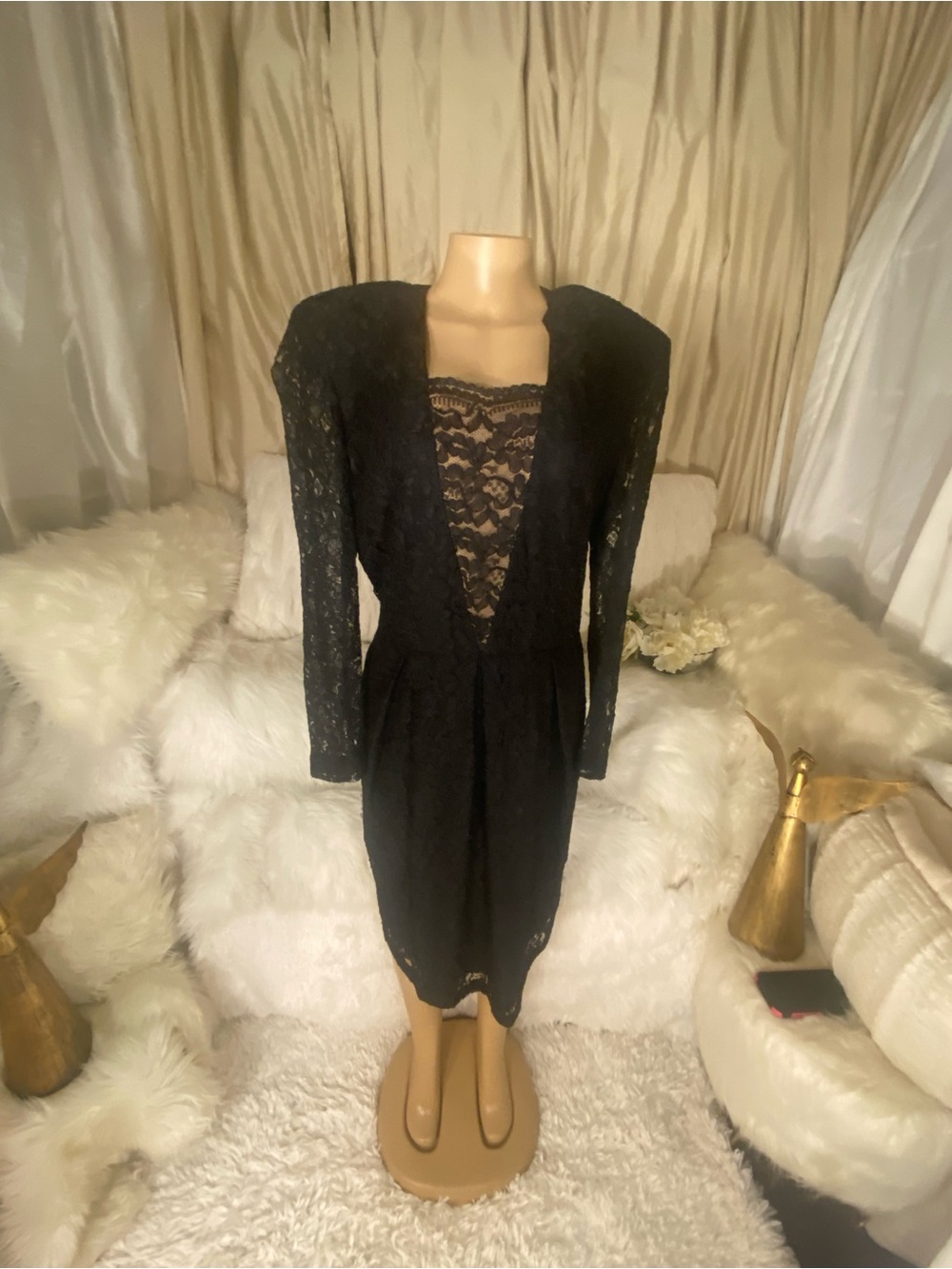 Black Lace Long-Sleeve Sheath Dress with Illusion Plunge Size 16